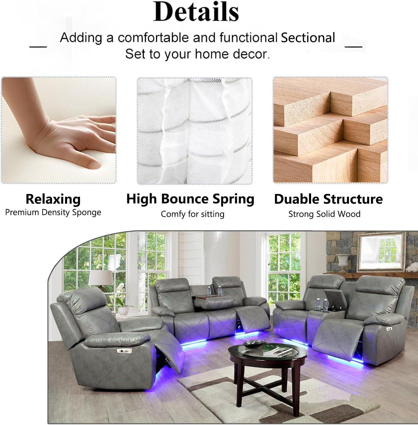 PonLiving Power Leather Recliner Loveseat with LED Lights,with USB Port/Storage Console/Cup Holders. Grey