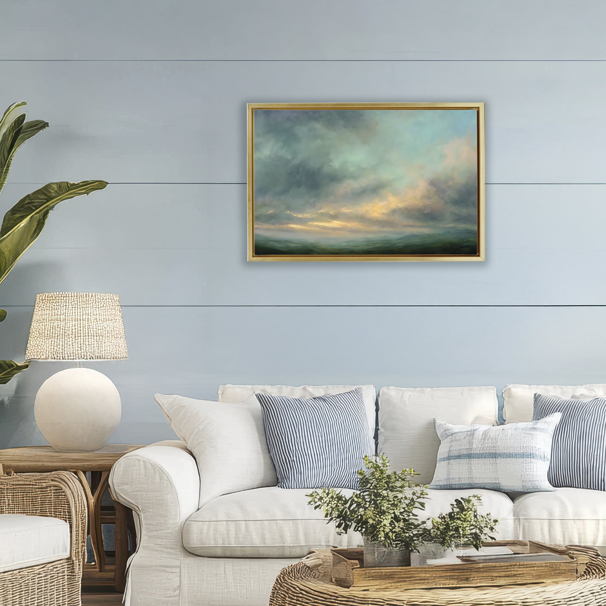 Stupell Industries Blue Toned Golden Hour Gold Framed Floater Canvas Wall Art, design by Petal Prints Design