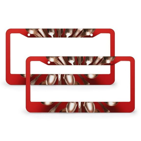 License Plate Frames Silver Utensils And Forks On Red Car Front License Plate Frame 2 PCS Kitchen Utensil Quality Aluminum License Plate Cover Car Accessories US Canada Standard