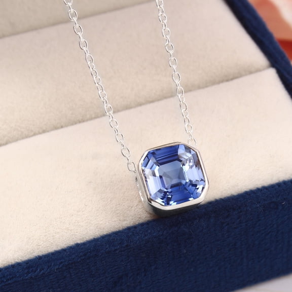 Bluebelljewels Asscher Cut Tanzanite 14K White Gold Finish Silver Solitaire Pendant Necklace