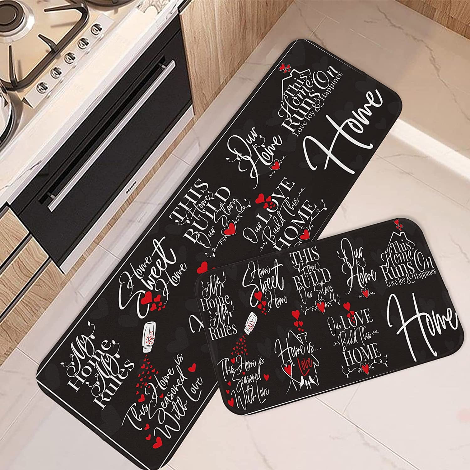 Black Kitchen Rugs and Mats Non Skid Washable Set of 2, Red Love Heart