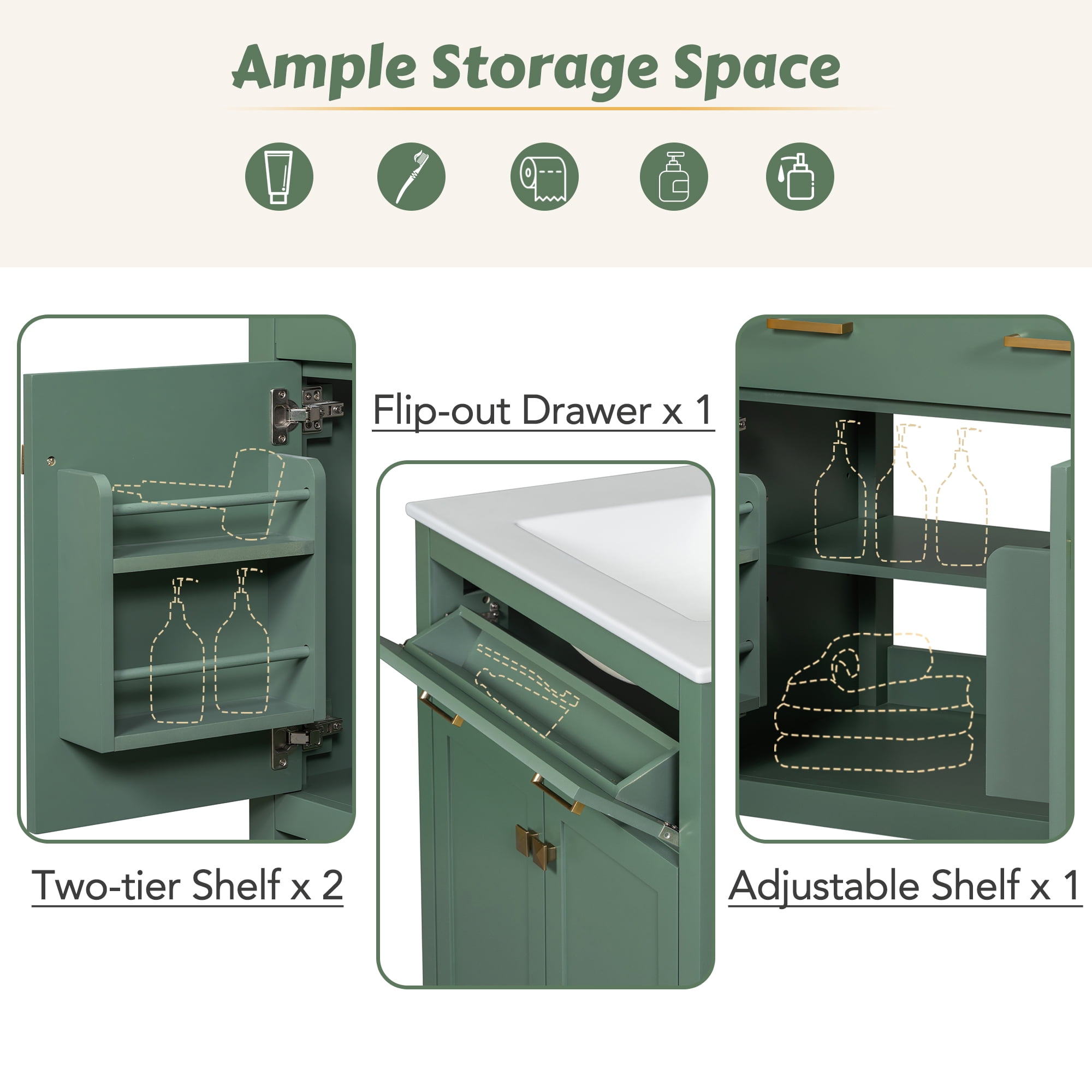 Harper & Bright Designs 30 inch Bathroom Vanity with Ceramic Sink, Modern Green Single Bathroom Cabinet with 2 Doors and a Shelf, Soft Close Doors, Green