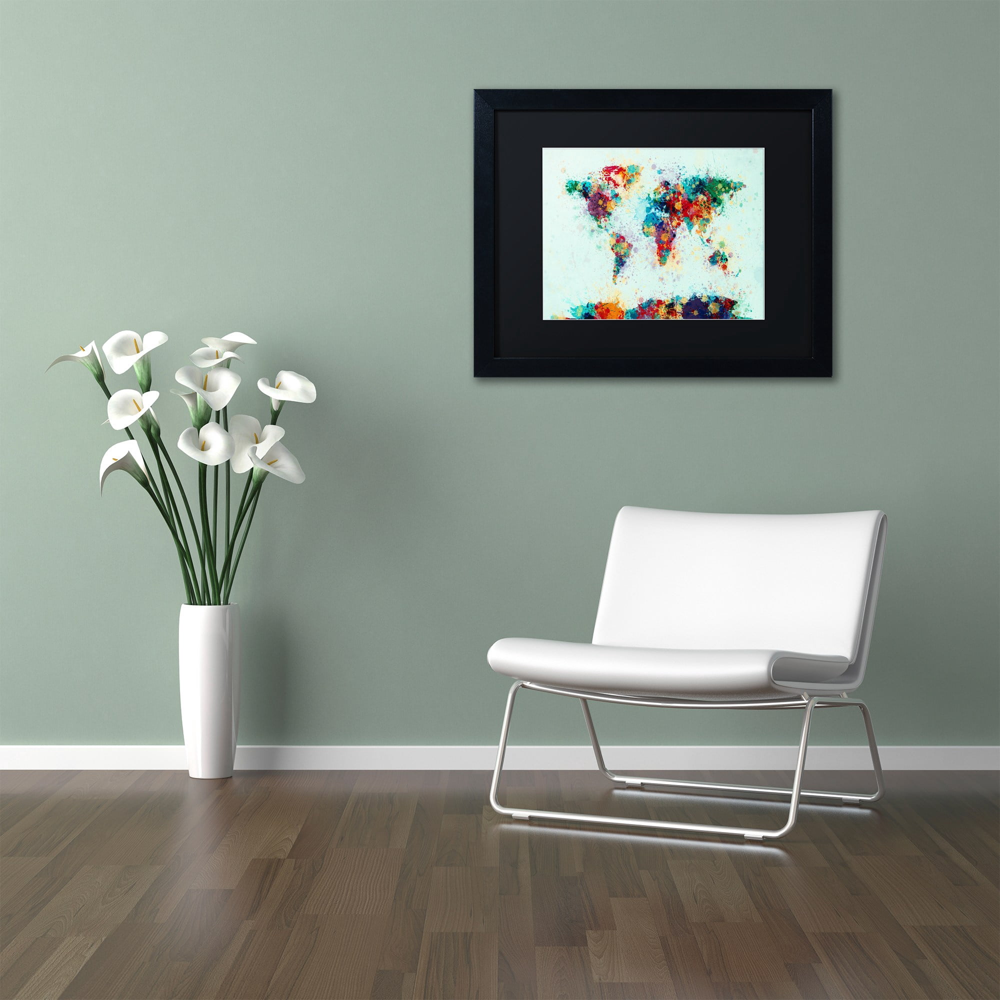 Trademark Fine Art "World Map Paint Splashes" Canvas Art by Michael Tompsett, Black Matte, Black Frame