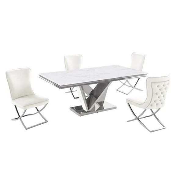 Pemberly Row Modern Beige/Silver Faux Marble Dining Set (5-piece)