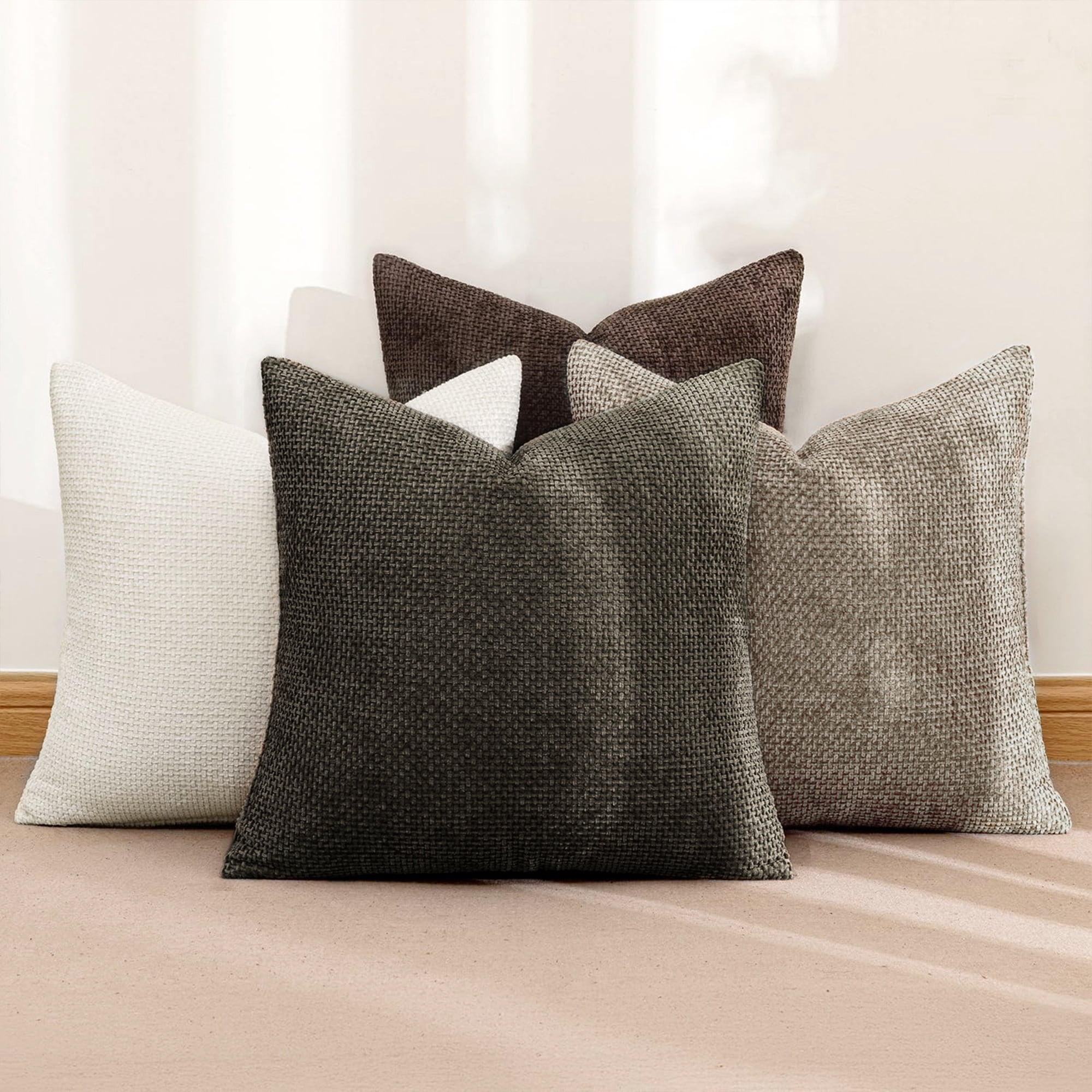 SUSIELADY Set of 4 Decorative Throw Pillow Covers 20x20 Inch, Soft Chenille Cushion Covers for Couch Sofa Bed, Boho Farmhouse Style for Living Room & Bedroom Decor, Brown