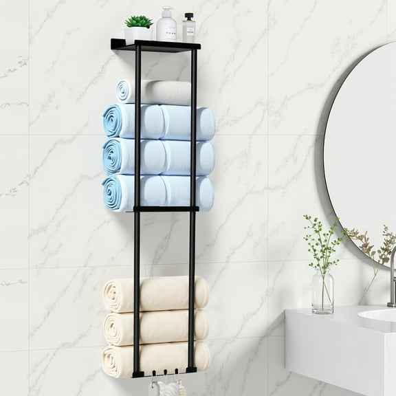 Towel Racks for Bathroom HONEIER 3 Tier Towel Holder with Shelf & 6 HooksWall Mounted Vertical Rolled Towel Storage Organizer Holder Towel Shelf Organizer for Toilet, Black