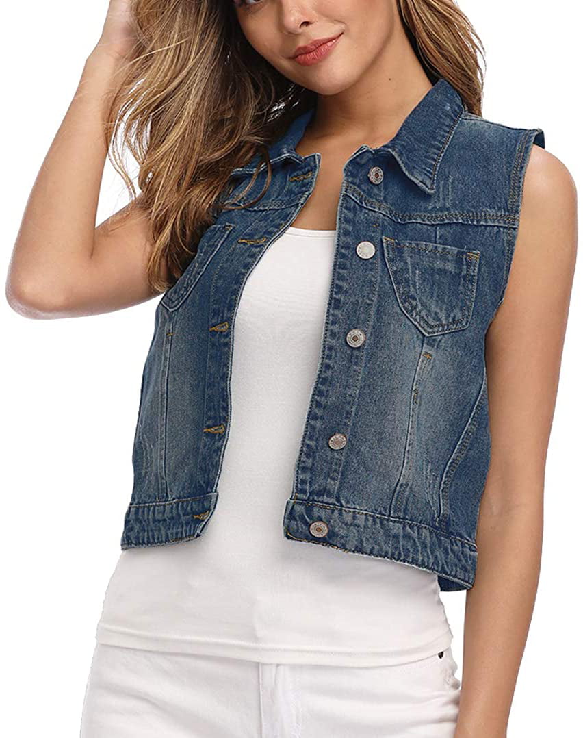 MISS MOLY Women's Crop Distressed Ripped Jean Vests Classic Sleeveless Jean Vest Jackets With Flap Pockets 