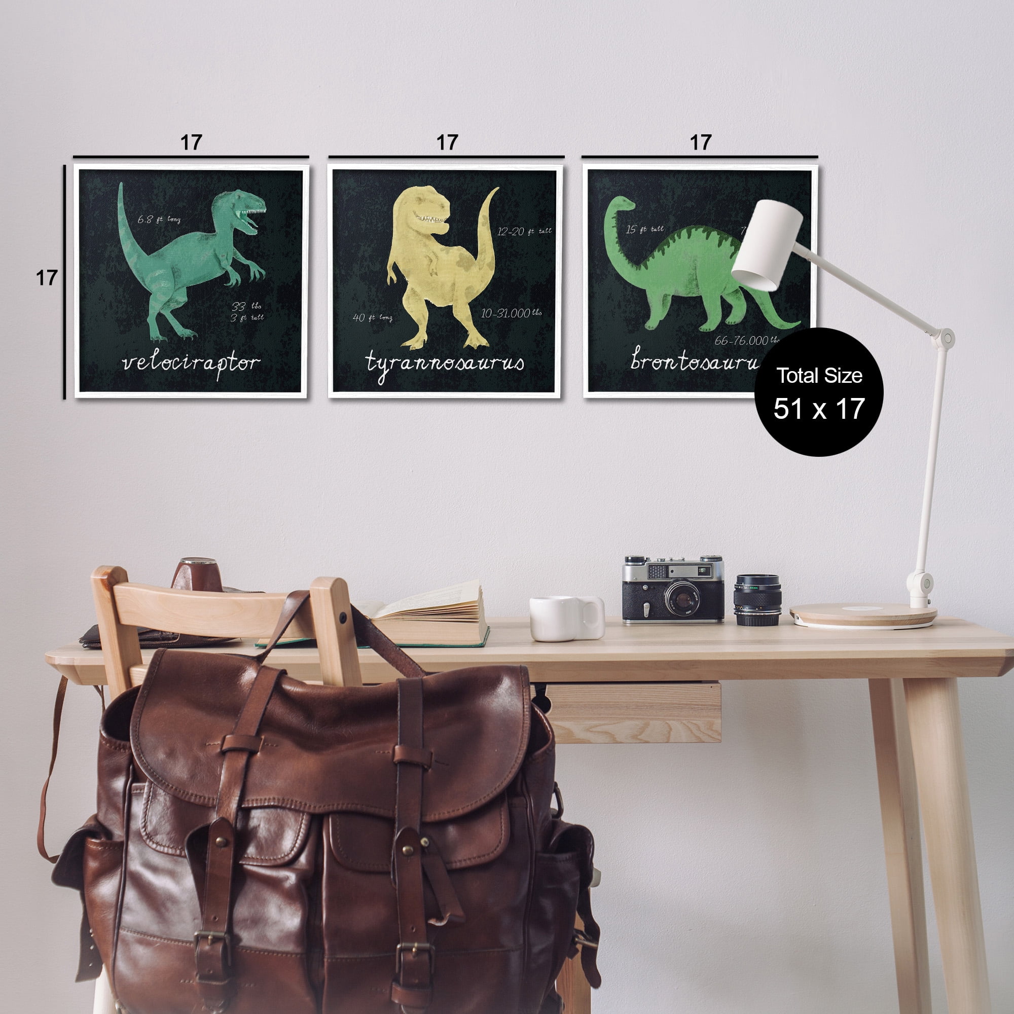 Stupell Industries Dinosaur Facts Chalk Inspired Design Animals & Insects Painting White Framed Art Print Wall Art, 17 x 17, Set of 3