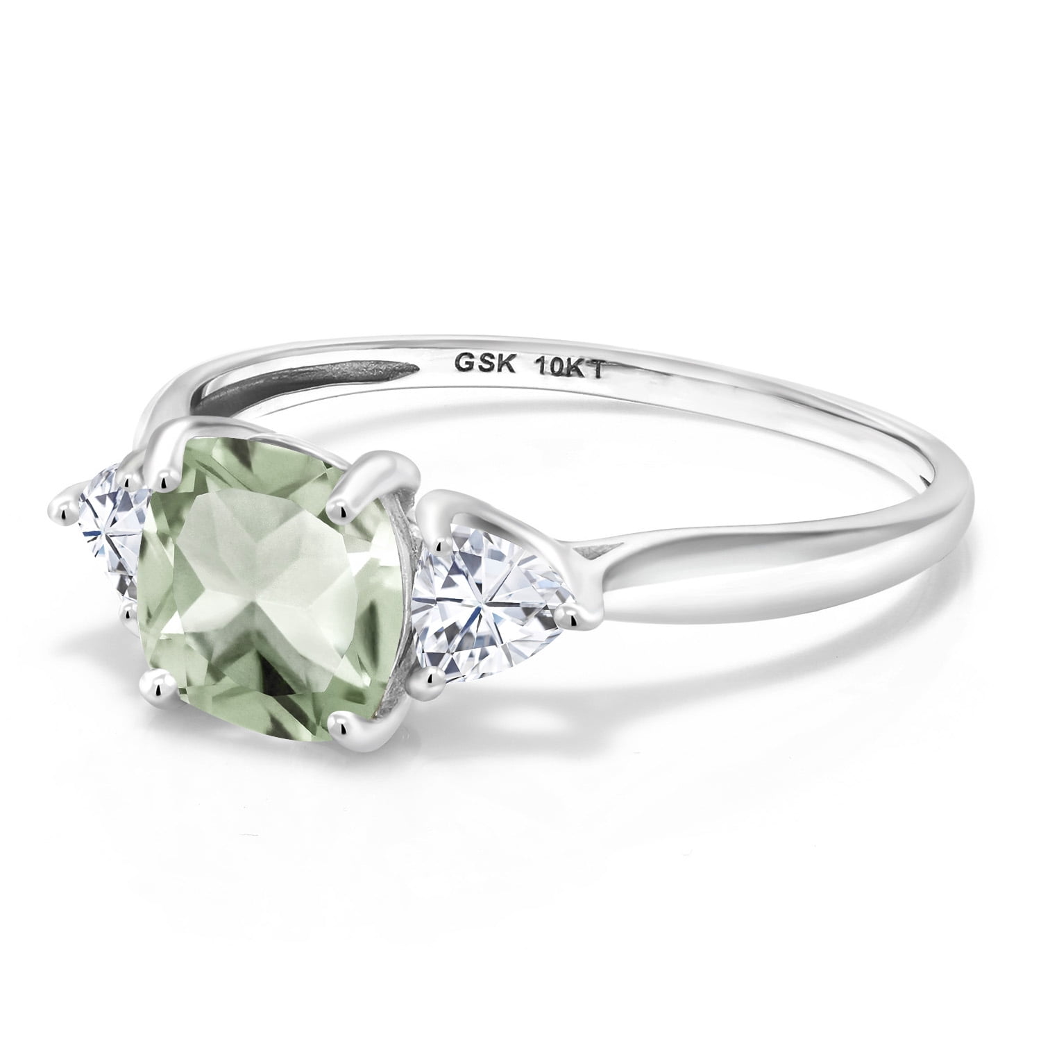 Gem Stone King 10K White Gold Green Prasiolite and White Moissanite 3-Stone Engagement Ring for Women (1.86 Cttw, 7MM Cushion and 4MM Trillion, Size 7)