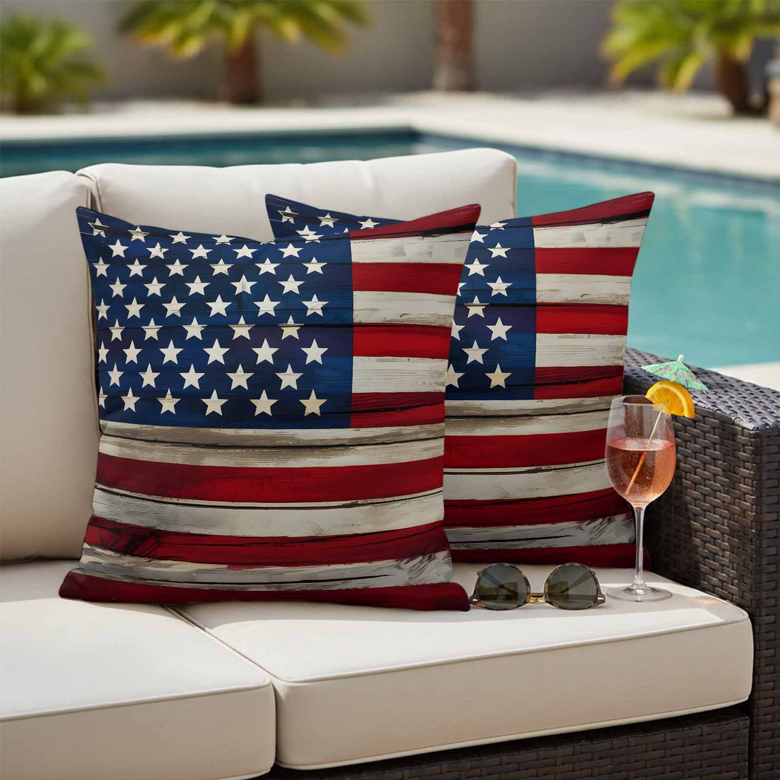 Independence Day Pillow Covers 2 Pack Retro American Flag Blue Star Red White Stripe Wood Pillowcase Waterproof Outdoor Throw Pillow Cover for Patio Garden Square Cushion 18”x18”