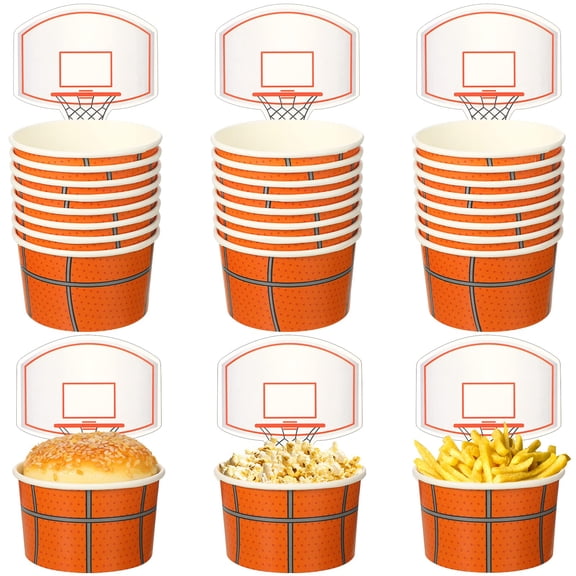 24 Sets Basketball Hoop Snack Cups with Cards 8 oz Disposable Paper Basketball Party Cups Sports Balls Treat Food Bowls for Balls Birthday Party Favors Decorations Supplies