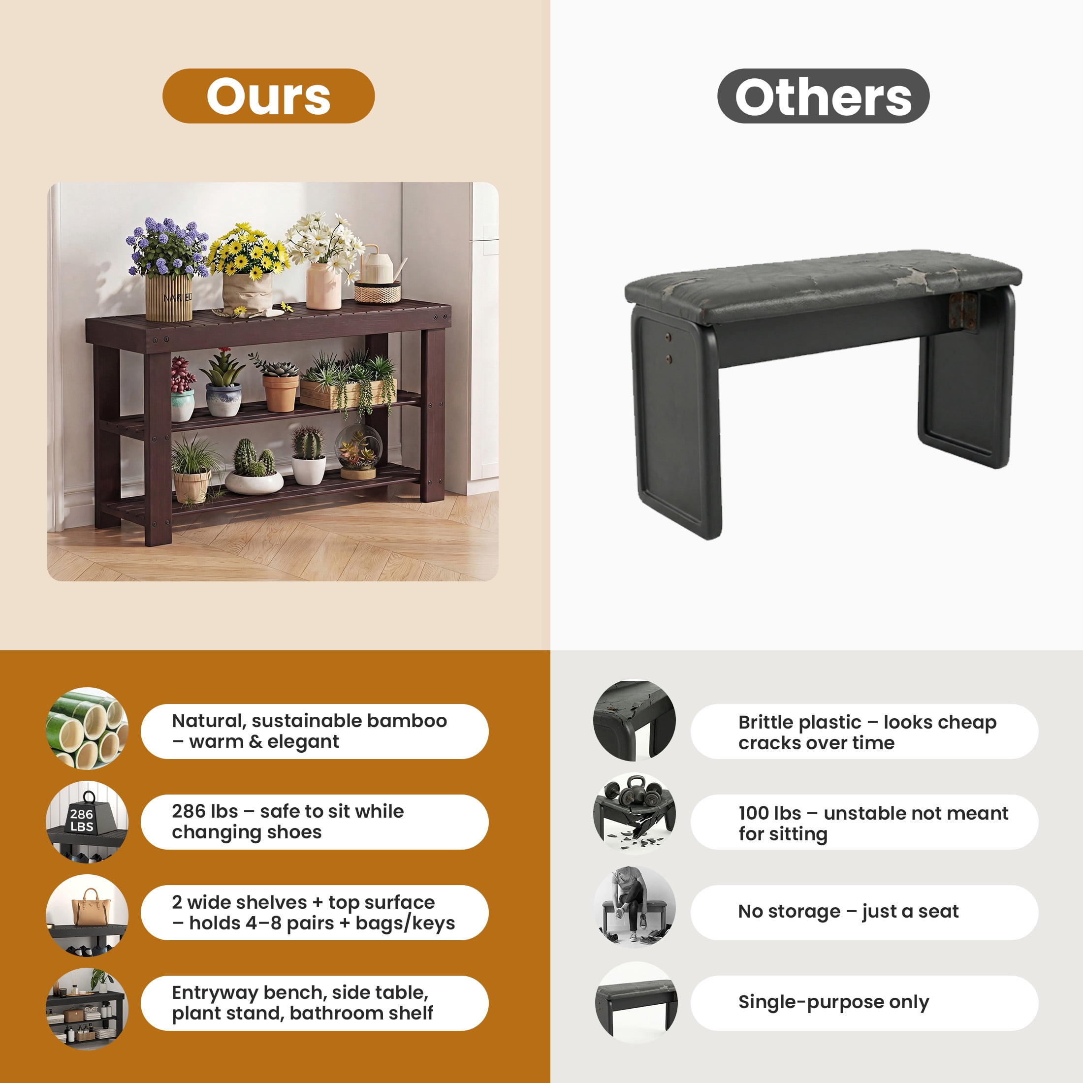 CONCETTA 27-In Bamboo Shoe Rack & Bench, 3-Tier 280 lb Capacity Storage Organizer for Entryway, Living Room, Balcony, Brown