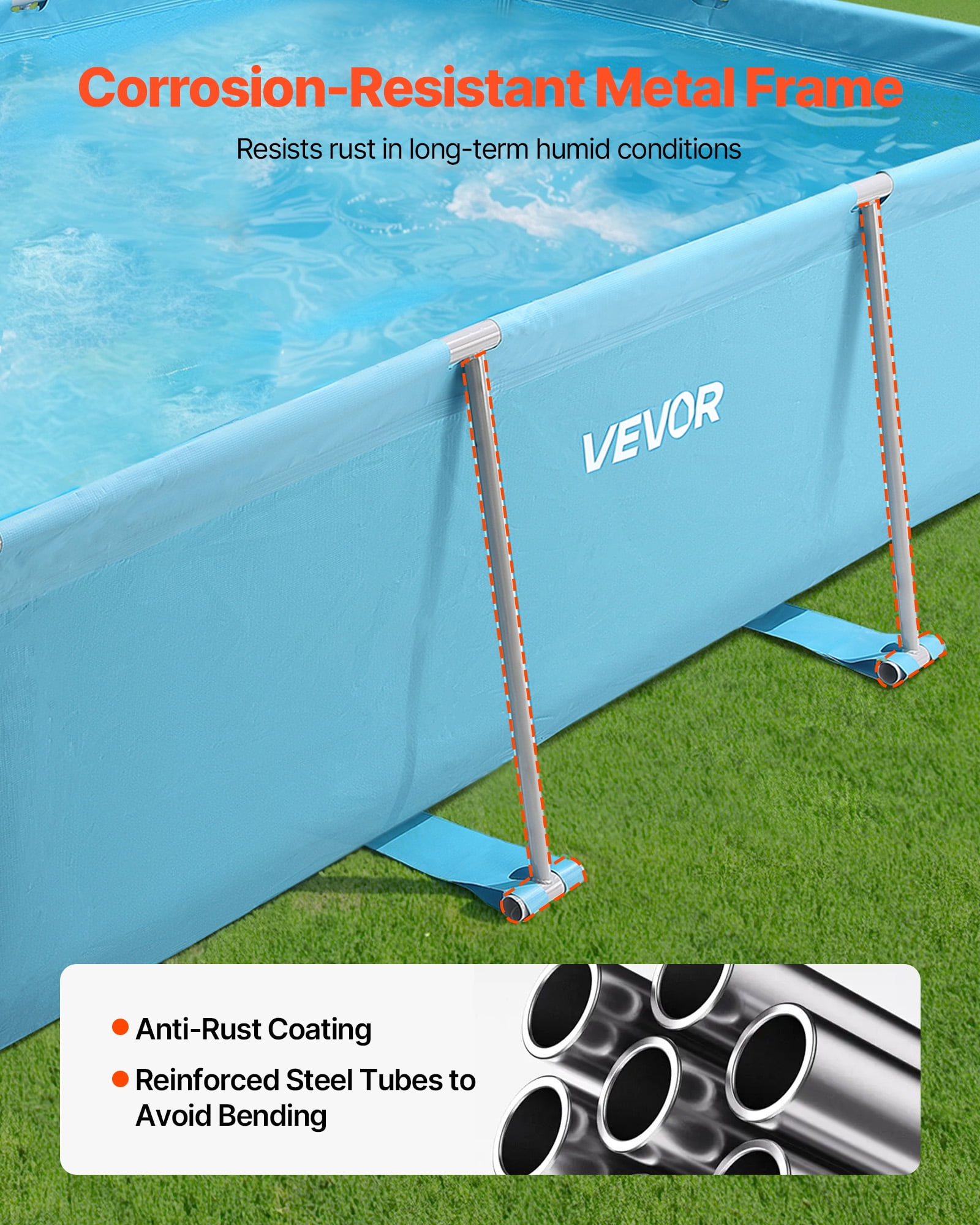 VEVOR Frame Above Ground Swimming Pool, 118 x 78 x 30 in Rectangular Steel Metal Frame, Large Rectangle Outdoor Backyard Family Pool, Easy to Assemble Rust-Resistant, 1046 Gallon Water Capacity, Blue