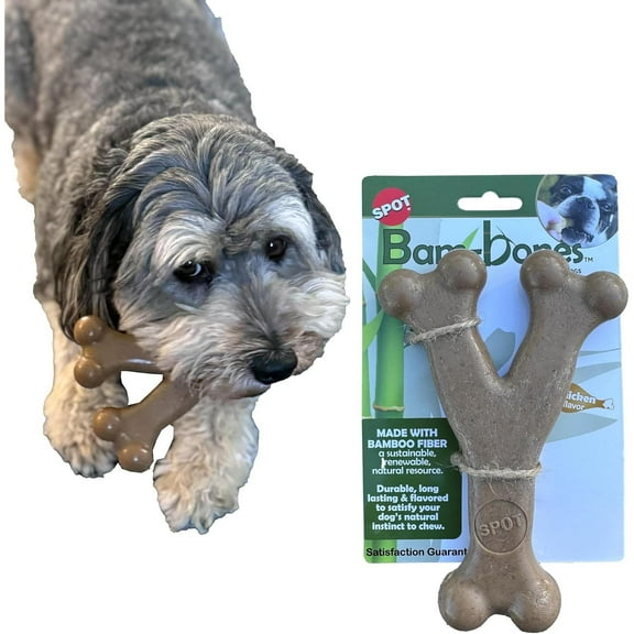 SPOT Bam-Bones Wishbone Bamboo Fiber Dog Wishbone Chew Toy, Chicken Flavor Dental Chews for Adult Dogs & Teething Puppies Under 50lbs