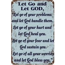 Vintage Let Go Let God Religious Quote Metal Sign 8x12 Inch Rustic Aluminum Wall Decor Inspirational Scripture Plaque for Home Bedroom Bathroom Office Church Faith Based Gift Idea