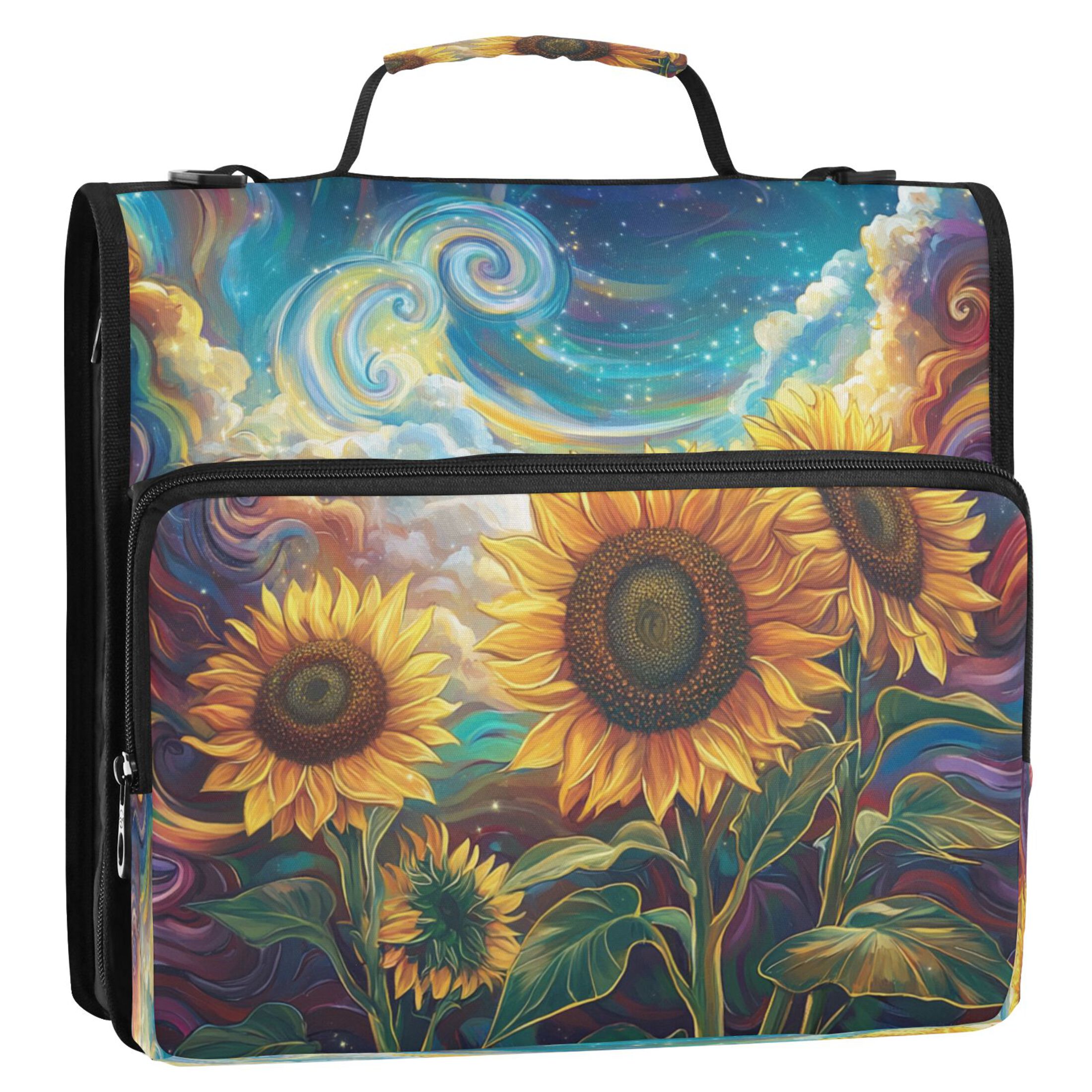 YAZAOO Zipper Binder trapper keeper Documents Organized Design Dreamy Sunflowers in Colorful Universe Printed