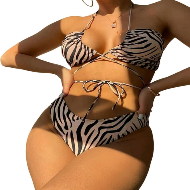 Ensemble Bikini 3 Pcs d'Été pour Femmes Soutien-Gorge Sans Manches à Nouer + String Imprimé Léopard + Jupe