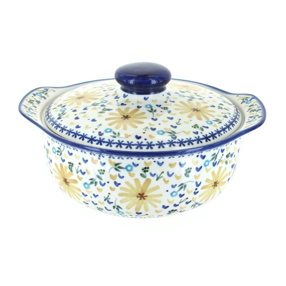 Blue Rose Polish Pottery Yellow Daisy Round Covered Baker
