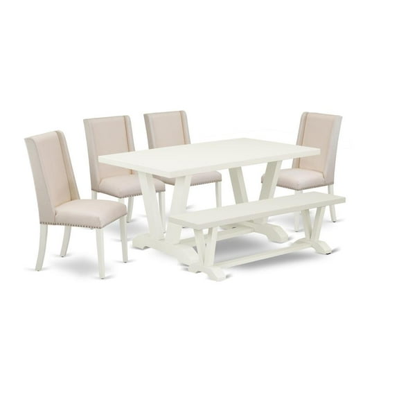 East West Furniture V-Style 6-piece Wood Dining Set in Linen White/Cream
