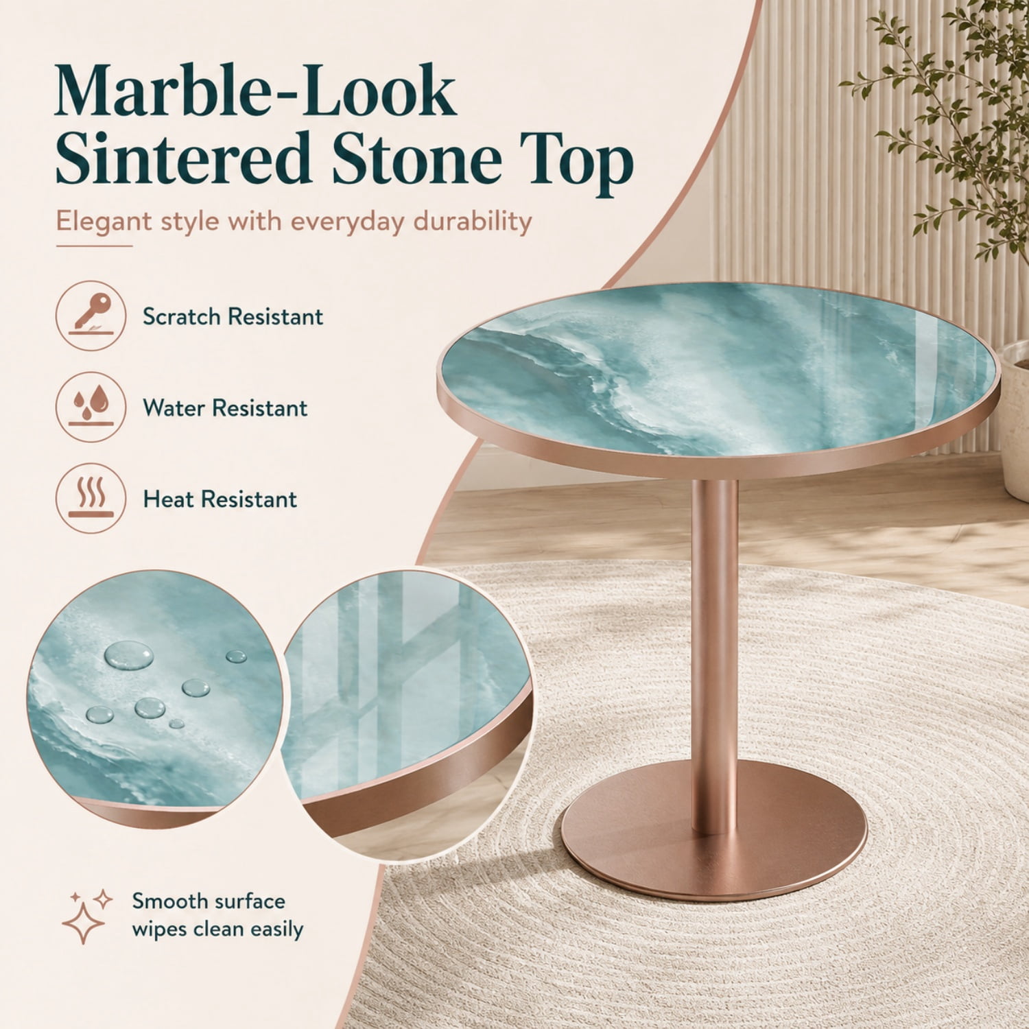 Miniyam 31.5 Inch Round Dining Table for 2 to 4, Sintered Stone Top, Tulip-Style Pedestal Kitchen Table, Green