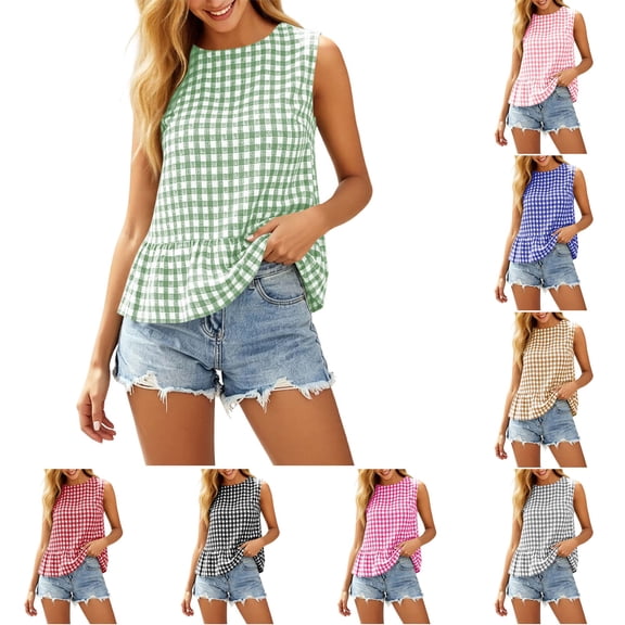DYTTDG Women's Gingham Plaid Sleeveless Top | Round Neck Ruffle Hem Tank with Back Button Closure, Casual Summer Top