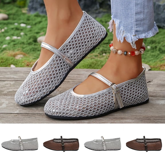 Women Shoes Women's Hollow Mesh Mary Jane Ballet Flats Spring Round Toe Adjustable Single Strap Flat Shoes for Women Wide Width Large Sizes Breathable Metallic Trim Non Slip Cushioned Insole Comfort