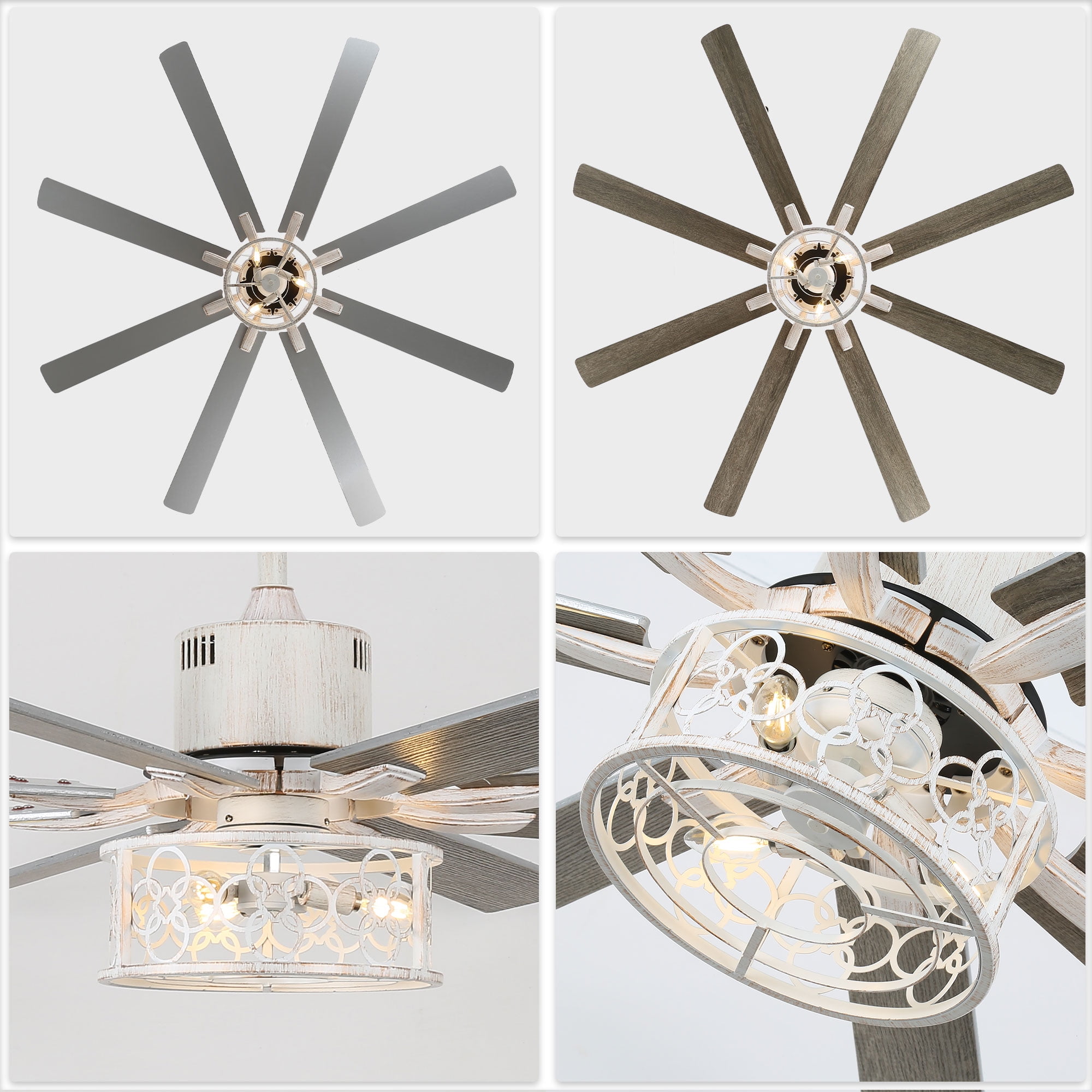 Cusp Barn 72 Inch Industrial Distressed White Finish Ceiling Fan with Remote and Lights, 8 Wooden Blades Indoor Ceiling Fan, DC Motor 6 Speeds Reversible, for Office and Large Indoor Room