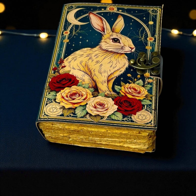 Handmade Leather Journal with Rabbit & Roses Artwork – 5x7 Inch Vintage Notebook, 200 Pages of Handmade Paper, Antique Latch – Writing, Sketching & Gift Diary