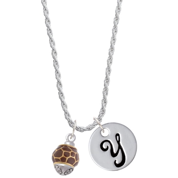 Delight Jewelry Goldtone Brown Giraffe Print Spinner Silvertone Script Initial Disc - Y - Charm Necklace, 20"+3"