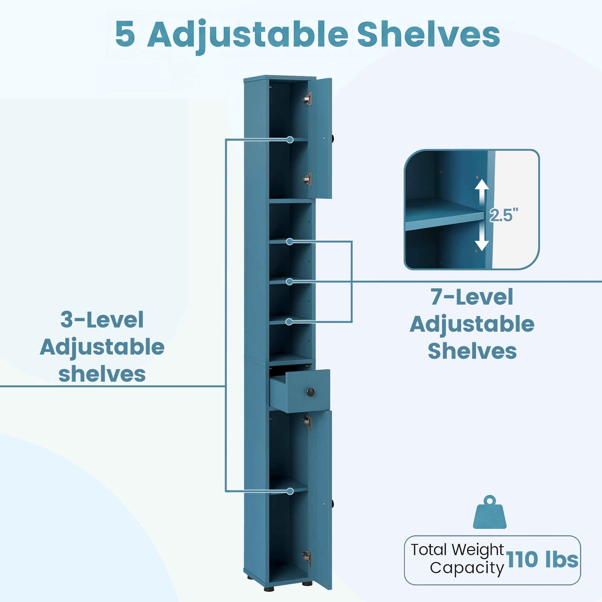 Costway Slim Bathroom Tall Cabinet with 2 Doors, 1 Drawer & 5 Adjustable Shelves for Home Blue