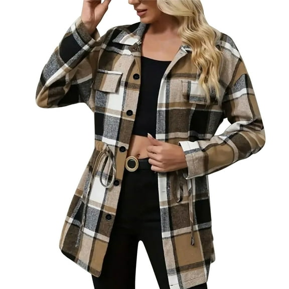 Yangnuo Womens Plaid Jackets Womens Fashion Comfy Jackets Women Checkered Button Pocket Shirt Jacket Top