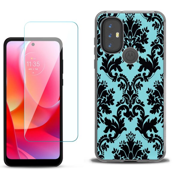 Slim-Fit Gel TPU Phone Case for Motorola Moto G Power 2022, with Tempered Glass Screen Protector, by OneToughShield ® - Victorian Blue/Black