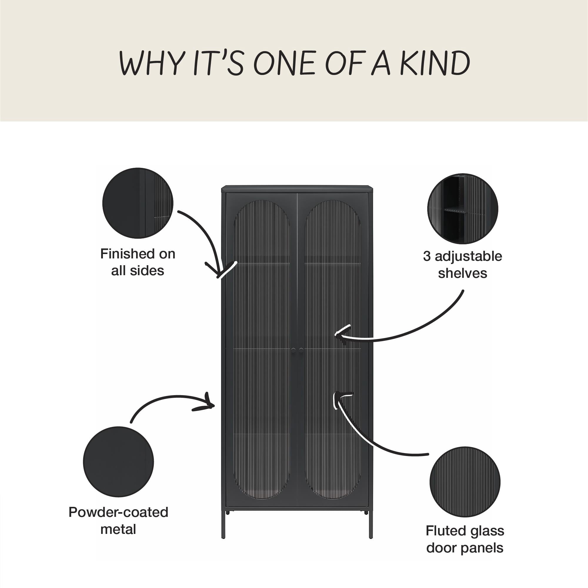 Mr. Kate Luna Tall 2-Door Accent Cabinet with Fluted Glass, Black