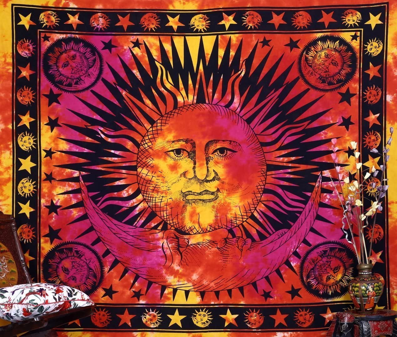 Psychedelic Celestial Indian Sun Hippy Tapestry Bohemian Tye Die Bed Decor Sheet 