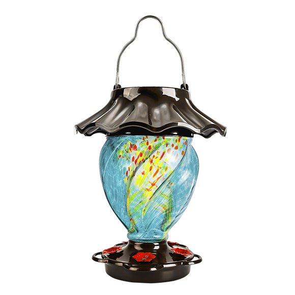 LUJII Mangeoire Solaire pour Colibris, Verre Soufflé à la Main, Ne Fuite Jamais, Étanche, Base en Métal, Lanterne Éclairée pour Décoration de Jardin, Cadeau Unique pour Oiseau