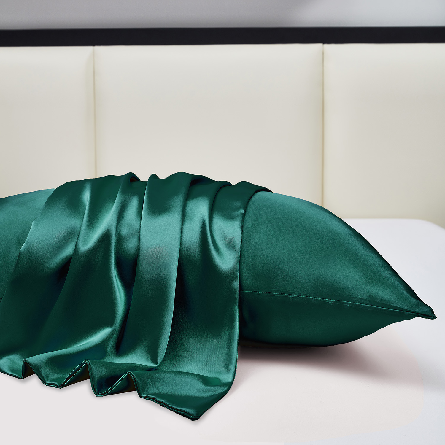 HIG Cooling Curved Pillow Cases 2 Pack King - Silky Soft Stretch Satin Pillow Shams, Dark Green - 20x36 Inches