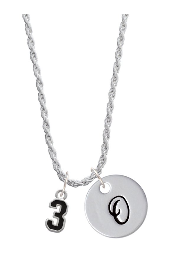 Silvertone Black Number - 3 Silvertone Script Initial Disc - O - Charm Necklace, 20"+3"