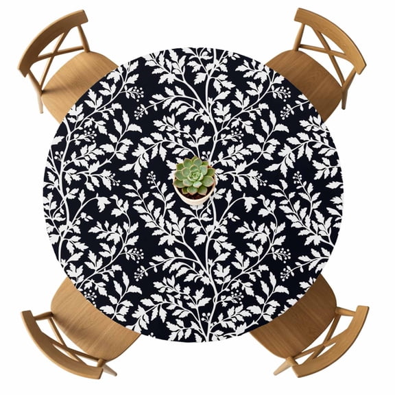Round Fitted Tablecloth with Elastic Black White Floral Leaves Tablecloths Waterproof Oil Proof Leaf Branch Plant Table Cover for Kitchen Dinner Party Picnic Fits Tables up to 36"- 44" Diameter