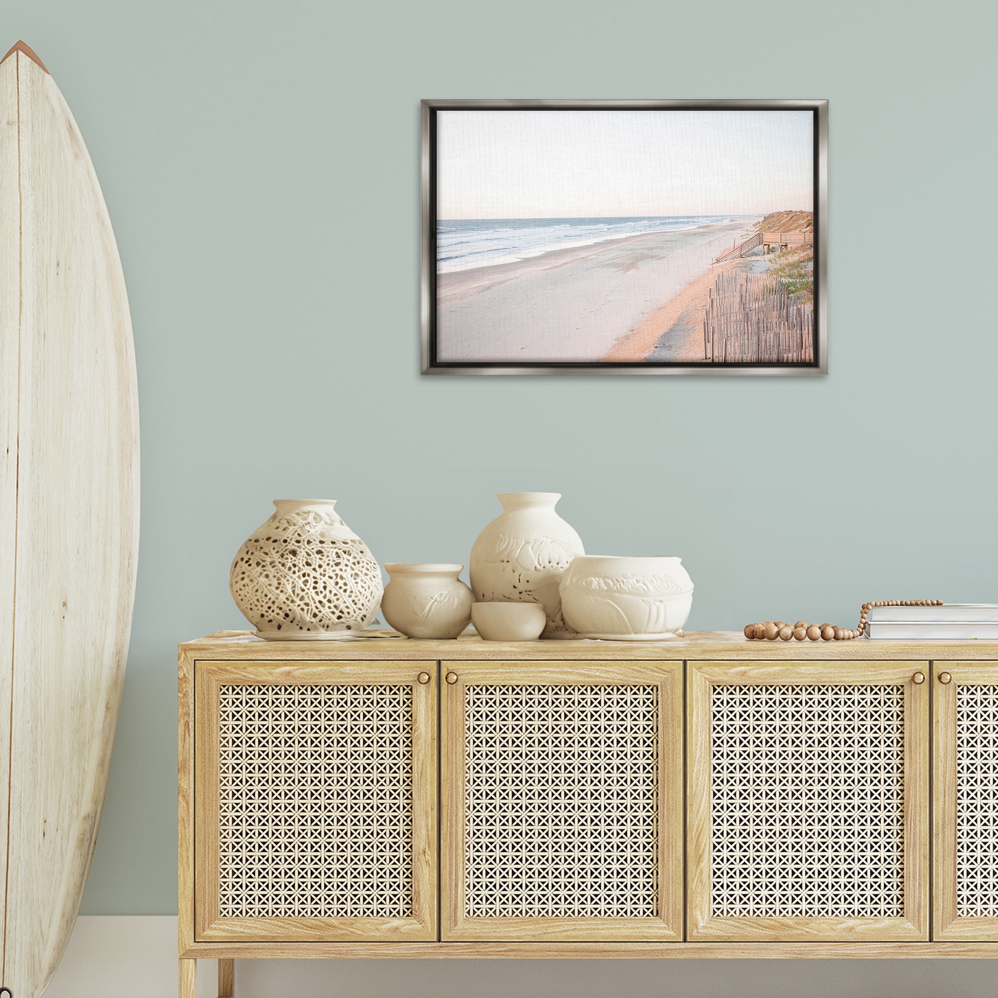 Stupell Industries Vast Beach Horizon Landscape & Nature Painting Gray Floater Framed Canvas Art Print Wall Art, 31 x 21