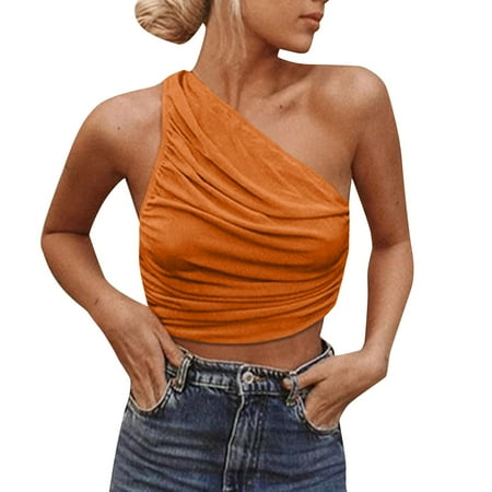 

Sexy One Shoulder Solid Color Slim Pleated Short Undershirt Female 2023 Ladies Undershirt Ladies Camis Party Street Club Camisoles Dailywear