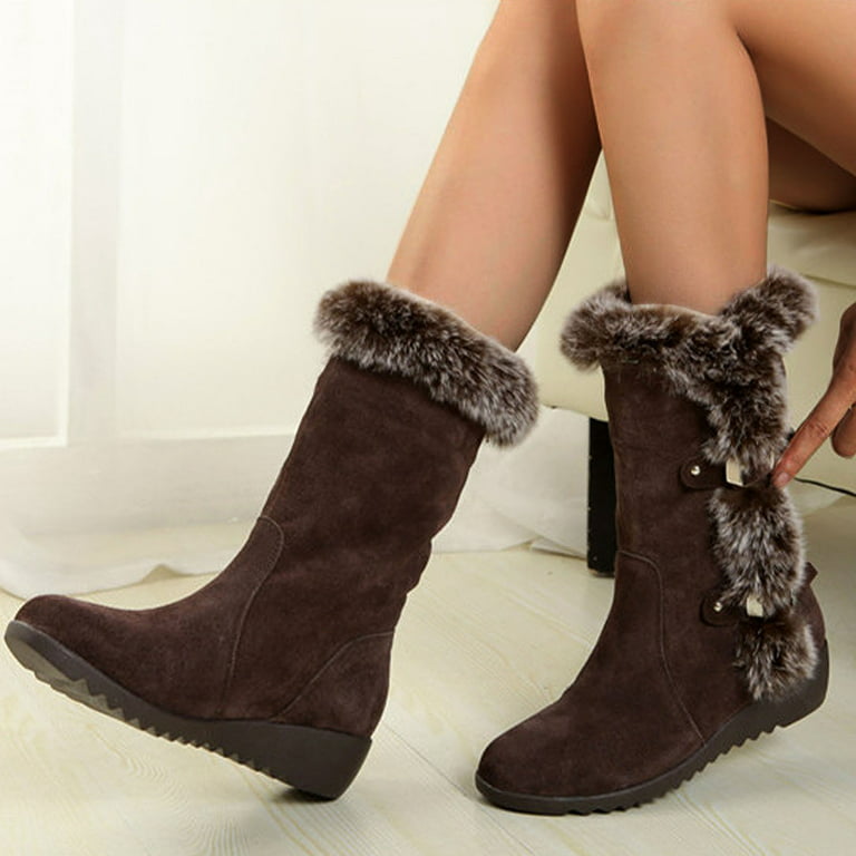 Womens Winter Warm Knee High Boots Wide Calf Wedge Heel Snow Boots