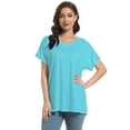 thumbnail image 2 of Women's V Neck T-shirt with Rolled Sleeves, Summer Loose Fit Tops with Side Split, 2 of 5