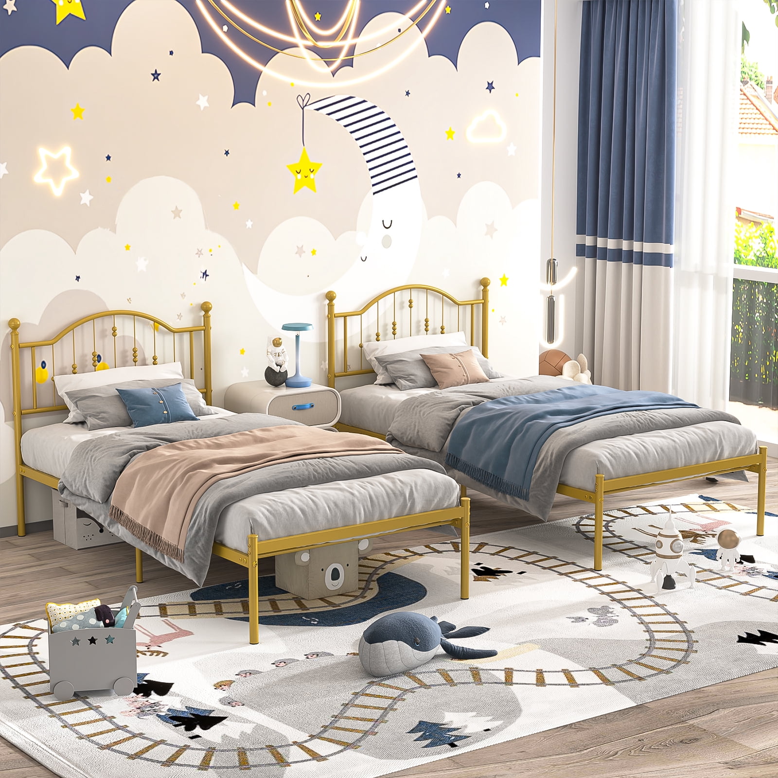 Yoneston Kids Twin Metal Platform Bed Frame with Vintage Headboard No Box Spring Need for Kids Teens, Antique Gold