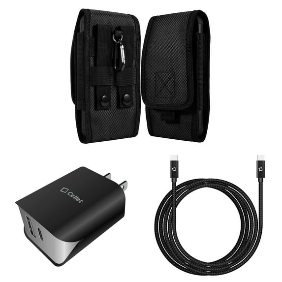 Holster and Wall Charger Bundle for Samsung Galaxy A13 4G: Vertical Rugged Nylon Belt Pouch Case (Black) and UL Certified 18W Dual USB Port (Type-C & USB-A) Power Adapter
