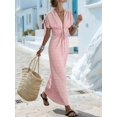 thumbnail image 5 of Women Summer V Neck Drawstring Maxi Dress Elastic Waist Flowy Vacation Dress Pink S, 5 of 8