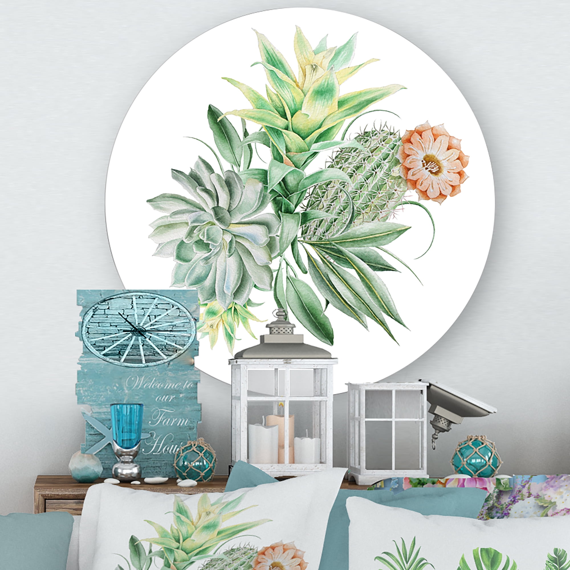 Designart 'Bouquet With Succulents and Cactus' Traditional Circle Metal Wall Art 23x23 - Disc of 23