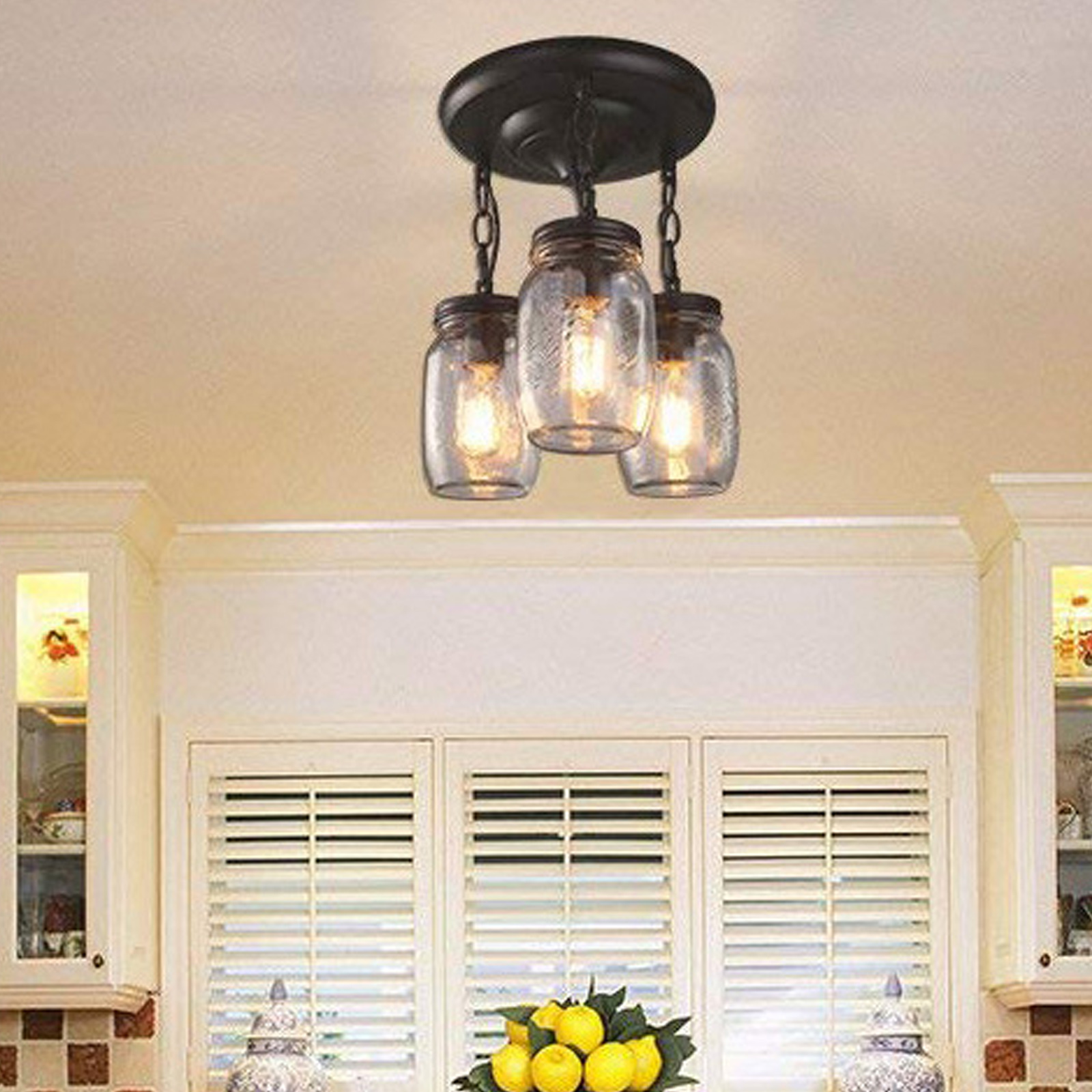 Loyalheartdy 3 Lights Glass Mason Jar Pendant Light Kitchen Island Hanging Lamp Farmhouse Ceiling Lamp Fixtures Rustic Chandelier