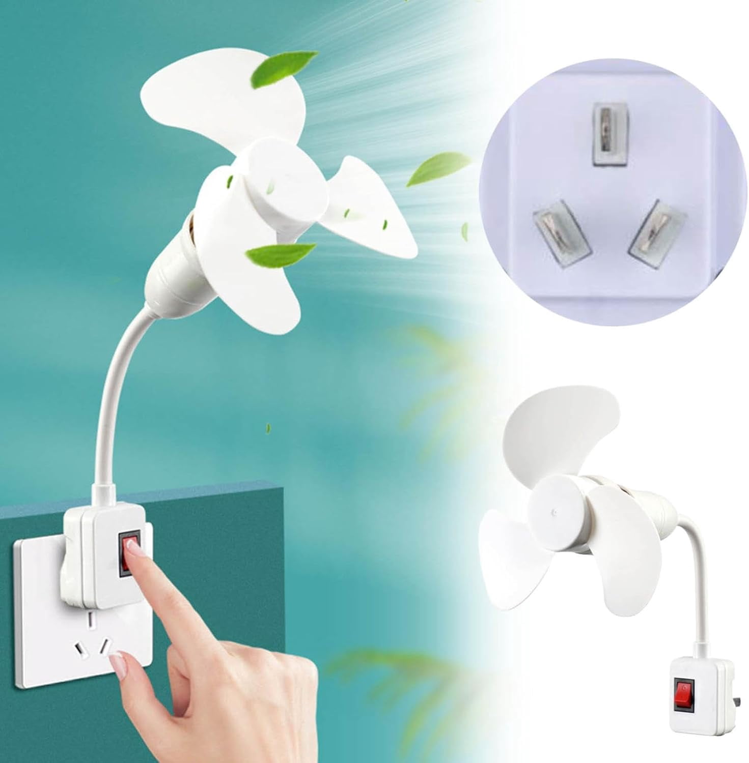 Quiet Socket Fan with Plug Adapter, Mini Plug-in Wall Fan with 360° Flexible Gooseneck for Kitchen Bathroom Office Cooling (2 Pieces, White)