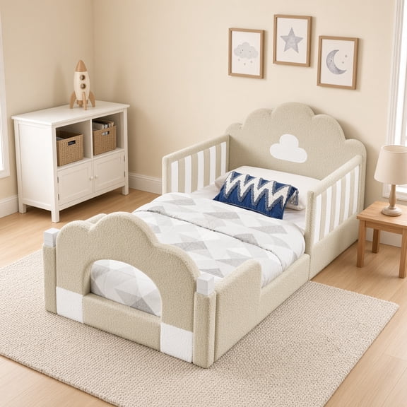 Twin Size Cloud Bed with Safety Guardrail, Solid Wood Frame, Boucle Fabric, Camel