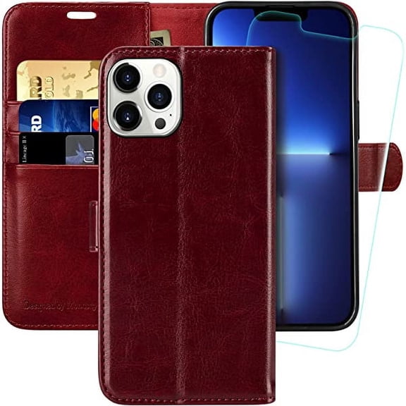 MONASAY Wallet Case Compatible for iPhone 13 Pro 5G, 6.1-inch, [Glass Screen Protector Included] [RFID Blocking] Flip Folio Leather Cell Phone Cover with Credit Card Holder for Apple iPhone 13 Pro